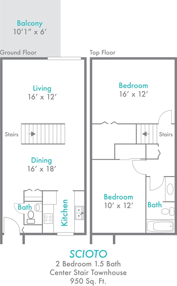 A floor plan for a two bedroom, one bathroom townhouse.