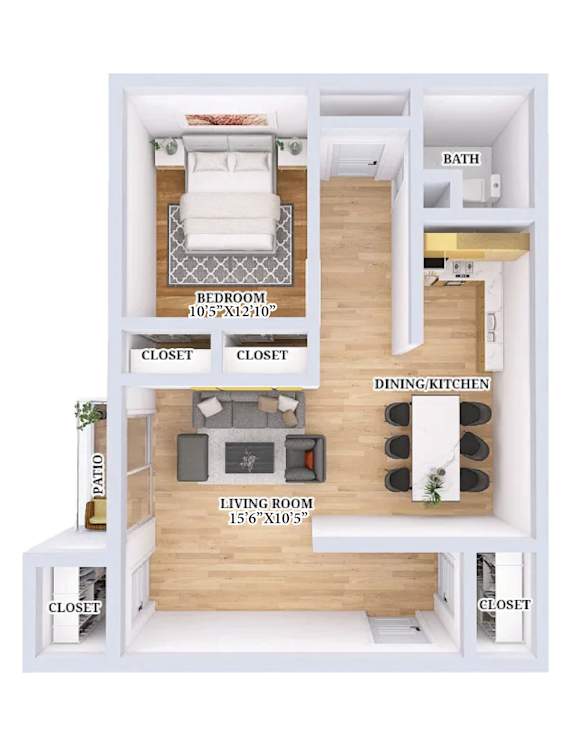 Floor Plan  A diagram of a small apartment with a living room, dining/kitchen area, and bathroom.
