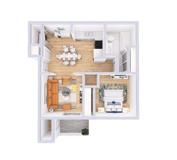 a stylized floor plan of a house with a bedroom and a living room