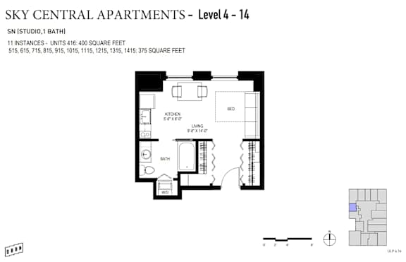 A floor plan for Sky Central Apartments shows a studio apartment with a kitchen, bath, and living area.