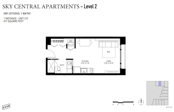 A floor plan for an apartment in Sky Central shows a studio apartment with a bathroom, kitchen, and living room.