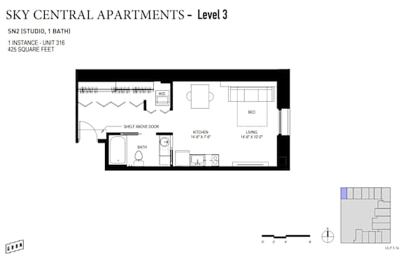 A floor plan for a studio apartment with a bathroom and a living room.