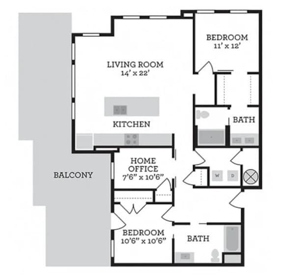 A floor plan of a home with a living room, kitchen, two bedrooms, a bath, and a balcony.