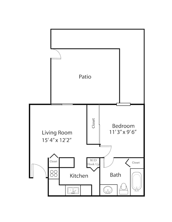 A floor plan of a small apartment with a living room, kitchen, bathroom and bedroom.
