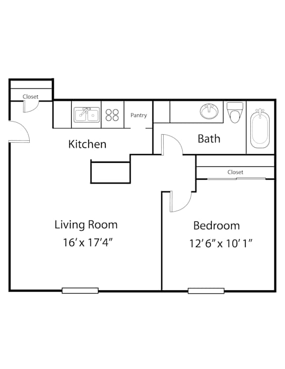 Floor Plan  A floor plan of a small apartment with a living room, kitchen, bathroom, and bedroom.