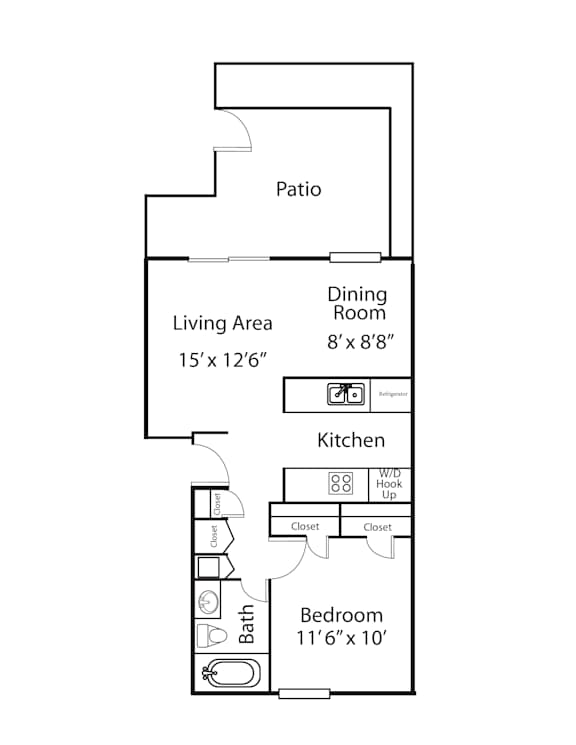 Floor Plan  A floor plan of a small apartment with a living area, kitchen, bedroom, and bathroom.