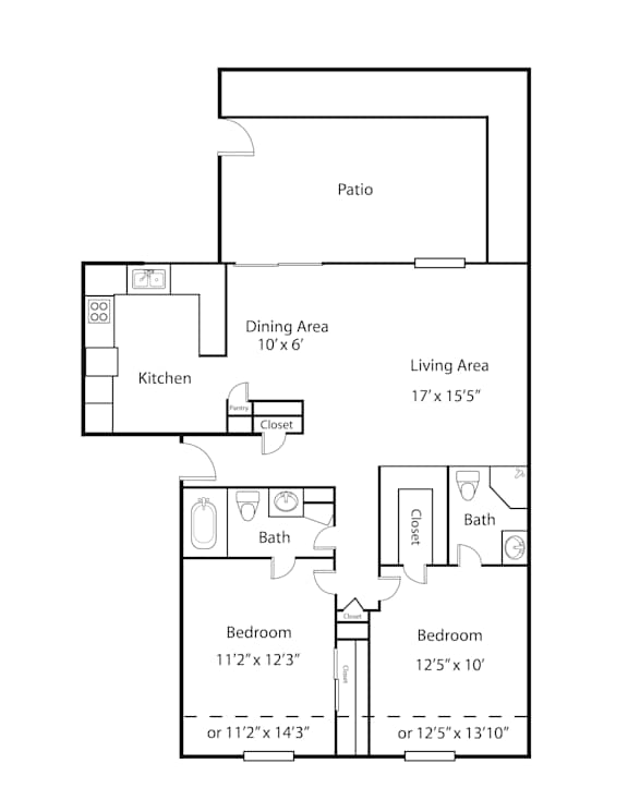 Floor Plan  A floor plan of a house with a kitchen, dining area, living area, and two bedrooms.