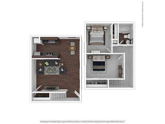 A floor plan of a house with a kitchen, living room, and two bedrooms.