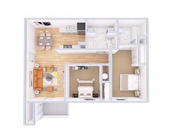 A top-down view of a small apartment with a kitchen, living room, and bedroom.