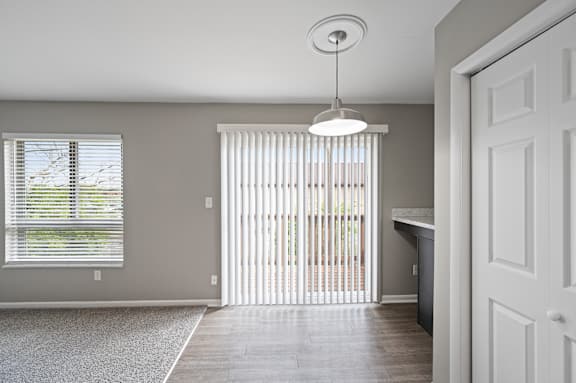 A room with a sliding door and a window with blinds.