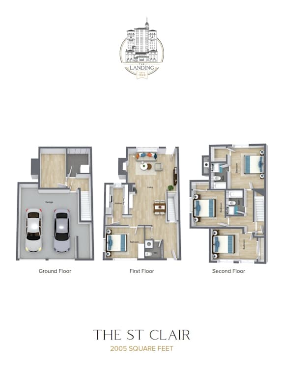 A floor plan for a 2005 square foot home with three floors.