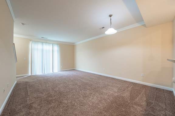 A room with a carpeted floor and a window with blinds.