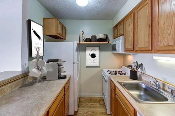 A kitchen with a refrigerator, microwave, and sink.