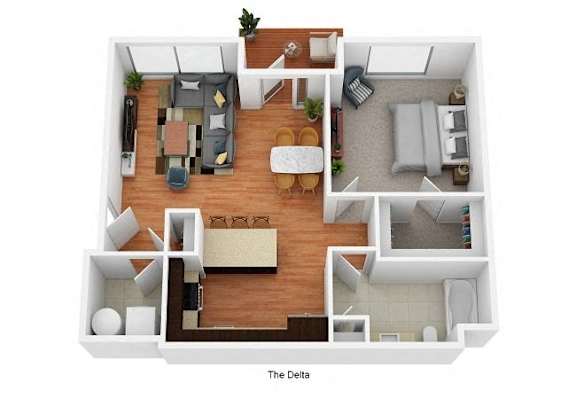 A 3D floor plan of a small apartment named The Delta.