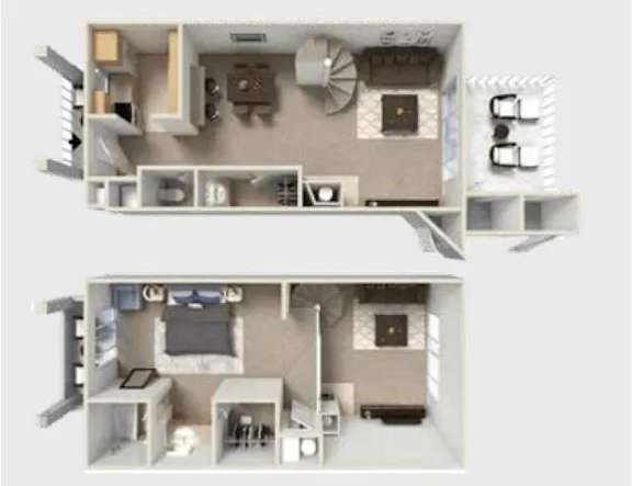 A dollhouse with two floors showing a living room, kitchen, and bedroom.