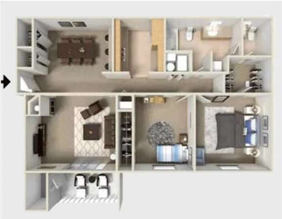 Floor Plan  A floor plan of a two-bedroom apartment with a kitchen and living room.