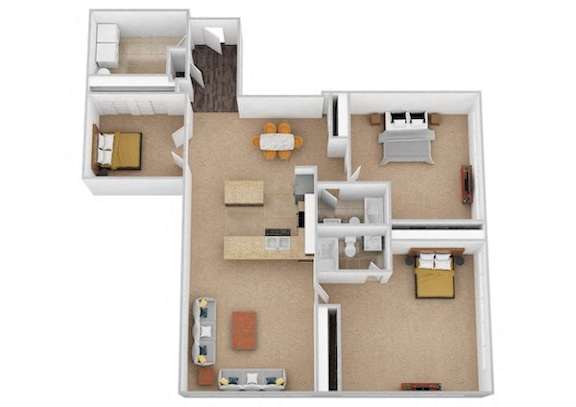 A floor plan of a two-story home with a living room, dining room, kitchen, and bedrooms.