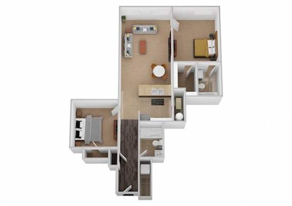 Floor Plan  A 3D floor plan of a house with a kitchen, living room, and two bedrooms.