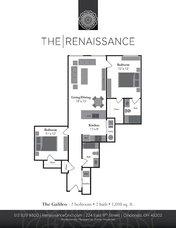 A floor plan for a Renaissance property with two bedrooms, two bathrooms, and a living/dining area.