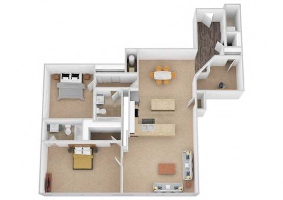 Floor Plan  Two bedroom apartment 3D floor plan view at Renaissance at the Power Building Apartments, Ohio, 45202