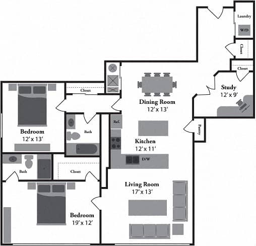 Two bedroom two bath floor plan with study at Renaissance at the Power Building Apartments, Cincinnati, OH 45202