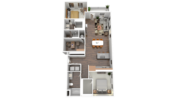 a 3d rendered floor plan of a 3 bedroom apartment at Four23/Hoge, Ohio, 45226