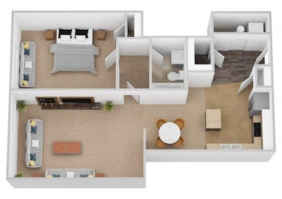 One bedroom 3D floor plan with walk-in closet at Renaissance at the Power Building Apartments, Cincinnati, OH 45202
