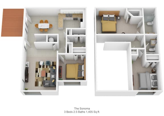 3 bedroom 2.5 bathroom floor plan A at Harpers Point Apartments, Ohio, 45249