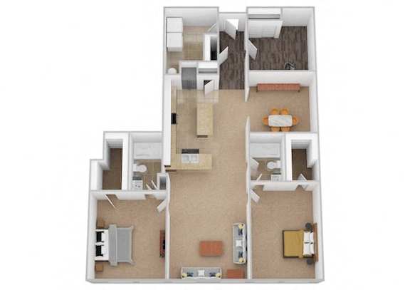A floor plan of a two-story apartment with a living room, kitchen, and bedrooms.