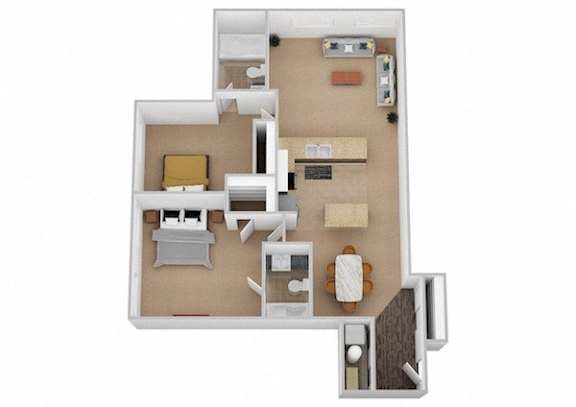 A 3D floor plan of a house with a kitchen, living room, and two bedrooms.