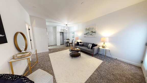 A living room with a grey sofa, a coffee table, and a rug.