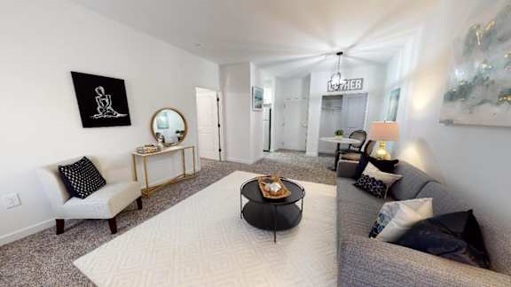 A living room with a grey couch and a white rug.