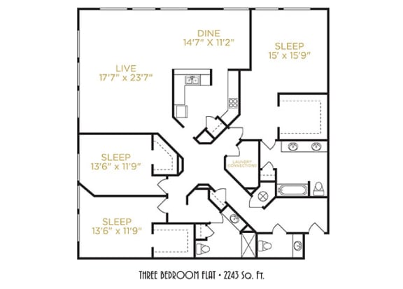 Three Bedroom Flat Floor Plan at The Lofts at Shillito Place, Cincinnati, OH