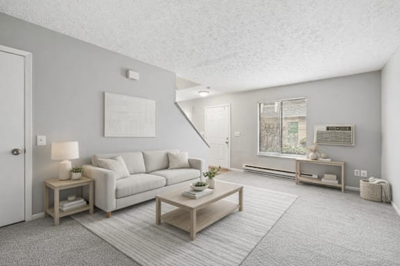 Square coffee table in living room at Timbercreek Apts, Columbus, 43207