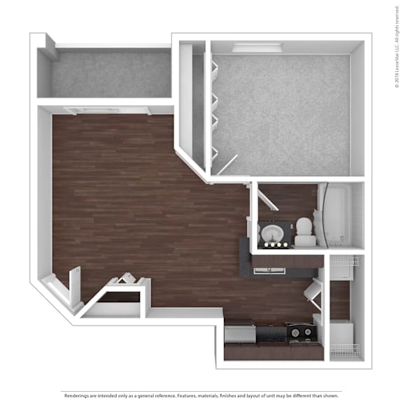 A 3D in-home rendering of a kitchen and living room.