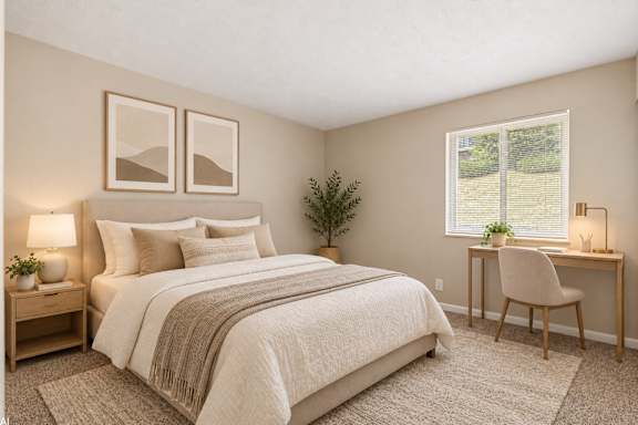 A bedroom with a large bed, a desk with a chair, and two framed pictures on the wall.