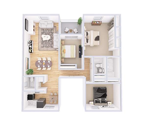 A top-down view of a small apartment with a kitchen, living room, and bathroom.