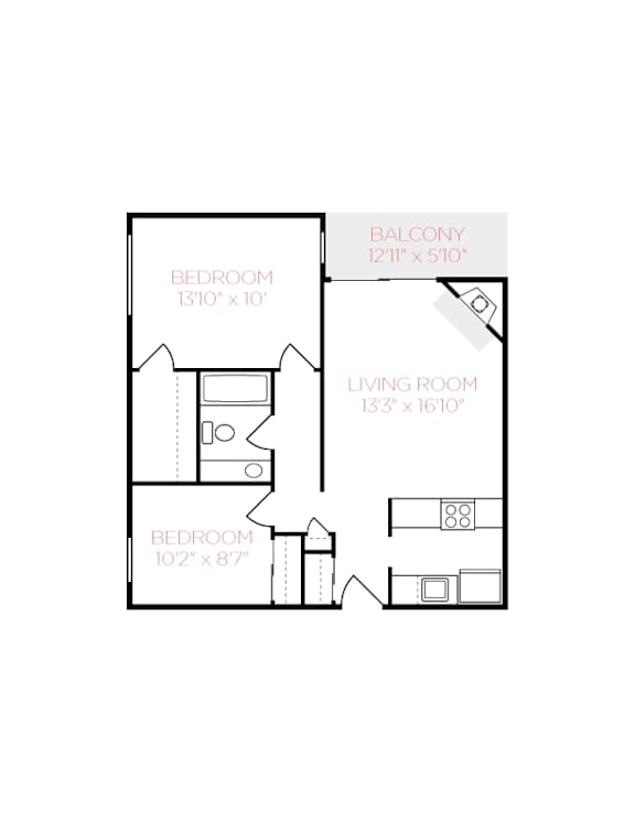 A floor plan of a small apartment with a living room, two bedrooms, and a balcony.