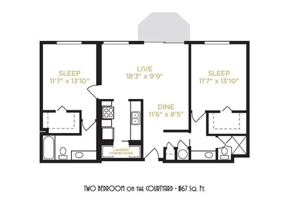Two Bedroom on the Courtyard Floor Plan at Gramercy on Garfield, Ohio, 45202