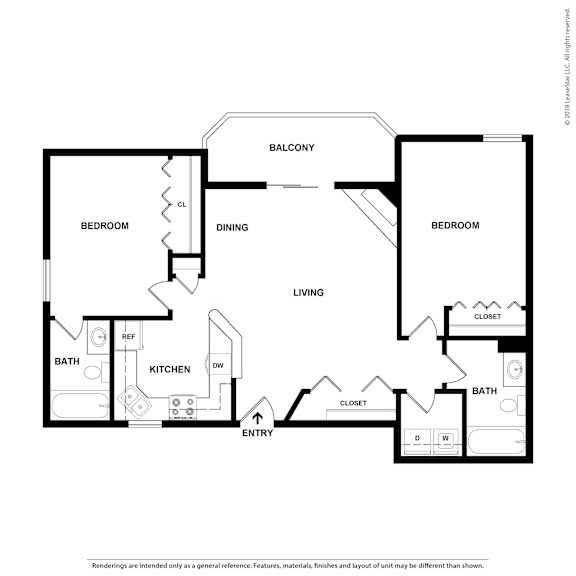 A black and white floor plan of a house with a balcony, two bedrooms, a dining area, a living room, a kitchen, two bathrooms, a laundry area, a pantry, and an entry way.
