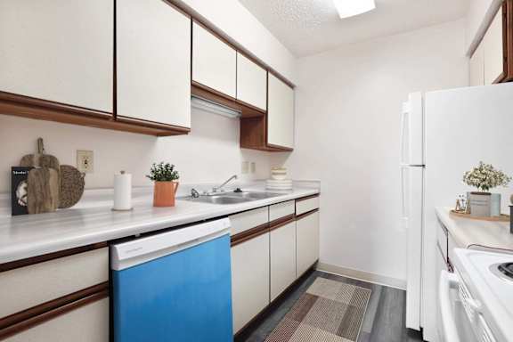 A kitchen with white cabinets and a blue dishwasher.