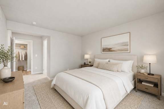 A bedroom with a large bed, a nightstand, and a plant on the dresser.