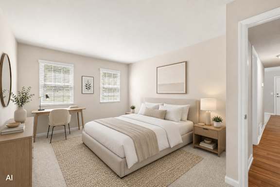 A bedroom with a bed, desk, and chair.