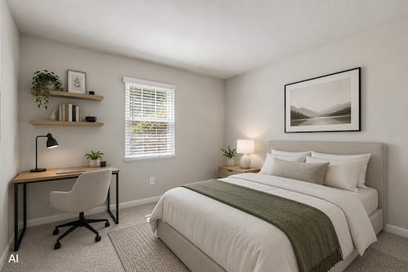 A bedroom with a bed, desk, and chair.