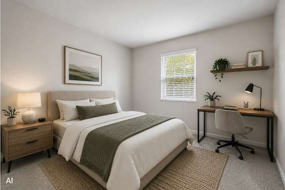 A bedroom with a bed, desk, and chair.