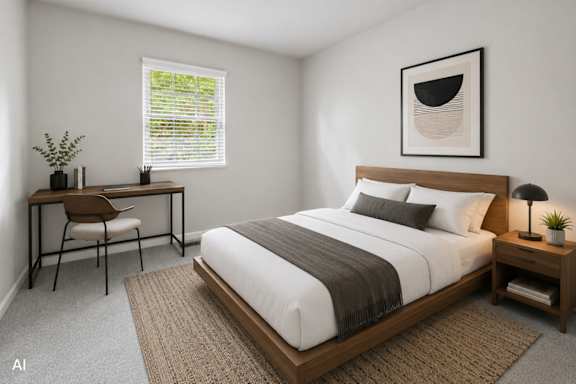 A bedroom with a large bed, a desk with a chair, and a window with blinds.