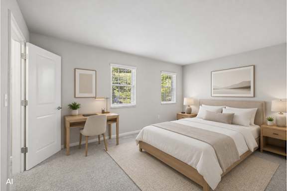 A bedroom with a bed, desk, and chair.