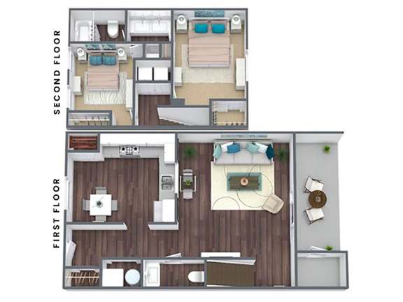 A floor plan of a two-story apartment with a living room, kitchen, and bedrooms.