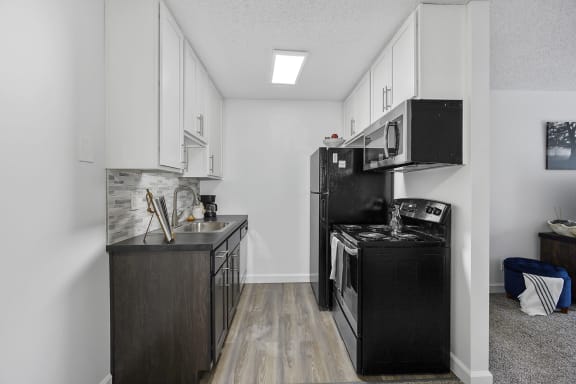 Kitchen with black appliances and a stove and a refrigerator