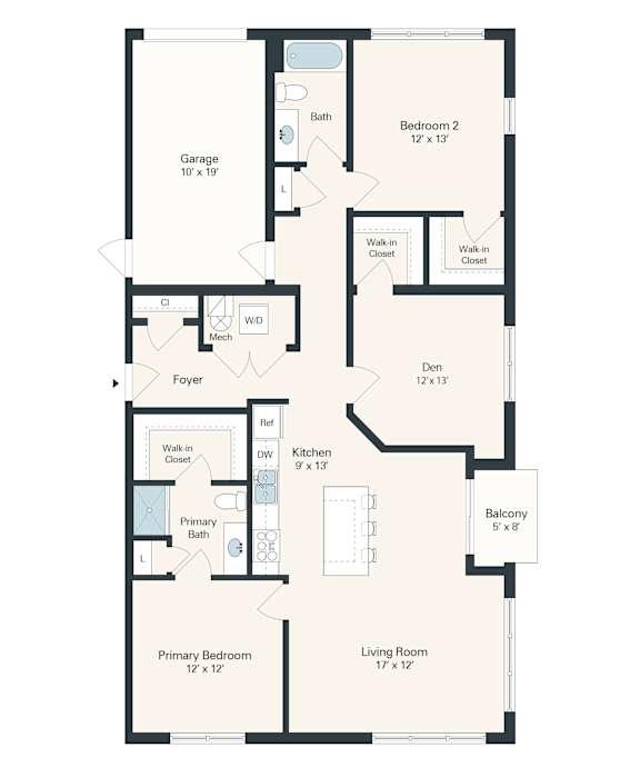 A floor plan of a house with a living room, two bedrooms, a bathroom, a kitchen, a garage, and a foyer.